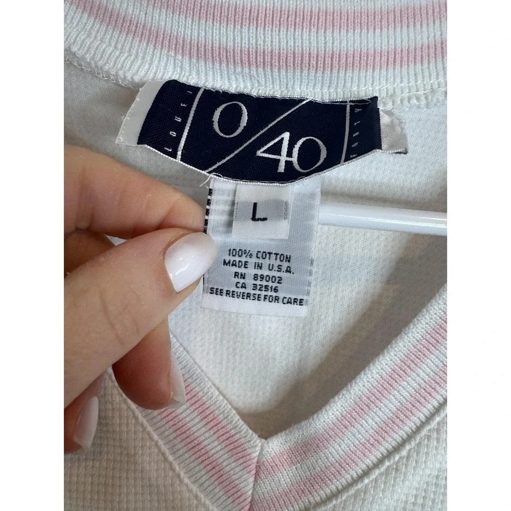 0/40 Sweater‎ Vest Womens Large White Waffle Knit V Neck Pink Trim Cotton Y2K